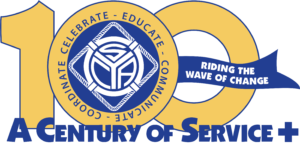 100 SCYA logo inside the first zero. Riding the Wave of Change in a banner going through the second zero. A Century of Service + underneath