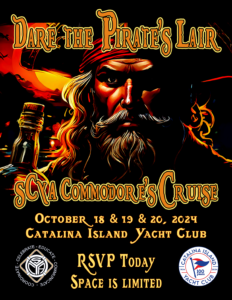 Dare the Pirate's Lair, SCYA Commodore's Cruise Oct 18,19,20 with a pirate face in the background