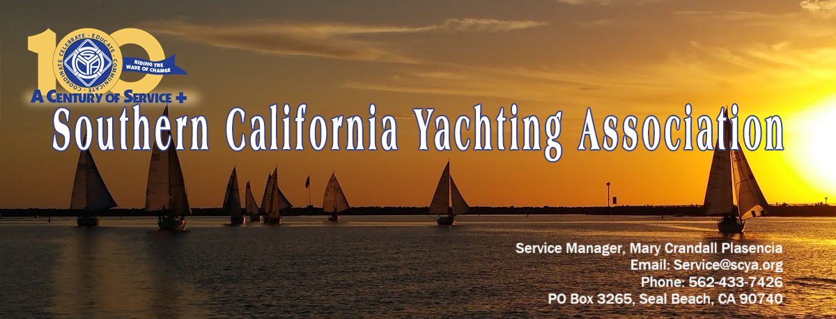 SCYA Banner with Sailboats on water against a sunset. Service Manager: Mary Crandall Plasencia Email: service@scya.org Phone: 562-433-7426 P.O. Box 3265, Seal Beach, CA 90740