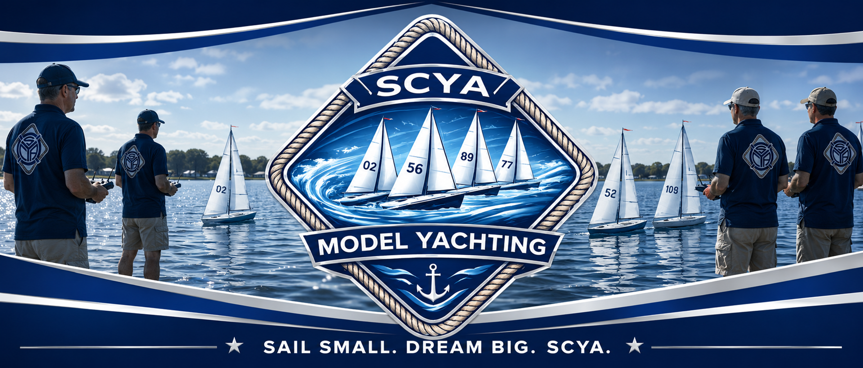 SCYA Model Yachting - Contains center a rope border with model yachts and SCYA Model Yacthing, background is model yachts with people with SCYA logos sailing them.