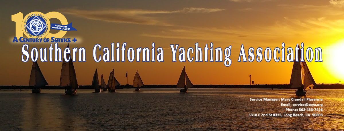 SCYA Banner with Sailboats on water against a sunset. Service Manager: Mary Crandall Plasencia Email: service@scya.org Phone: 562-433-7426 P.O. Box 3265, Seal Beach, CA 90740